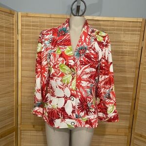 RQT Women red Snap Front Floral jacket suit coat 3/4 sleeve Size 10